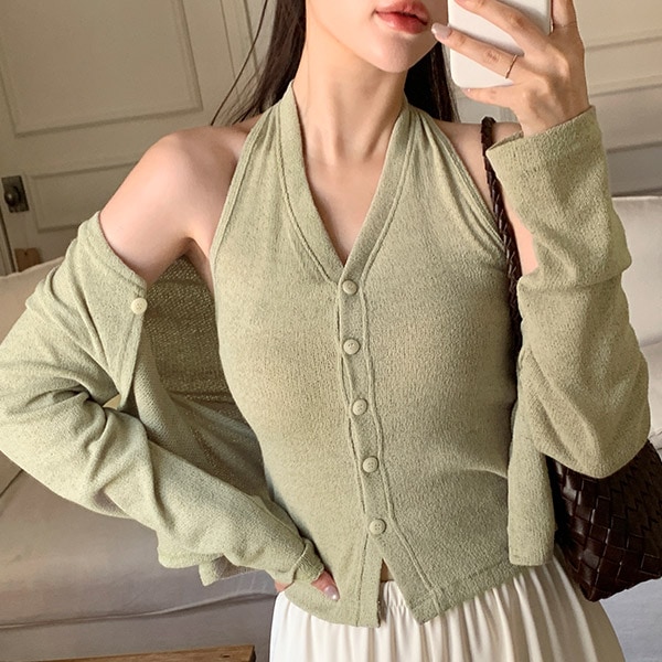 （ノースリーブ＋カーディガンセット）ウディス リネンホルターネック ノースリーブ＆カーディガンセット st2925