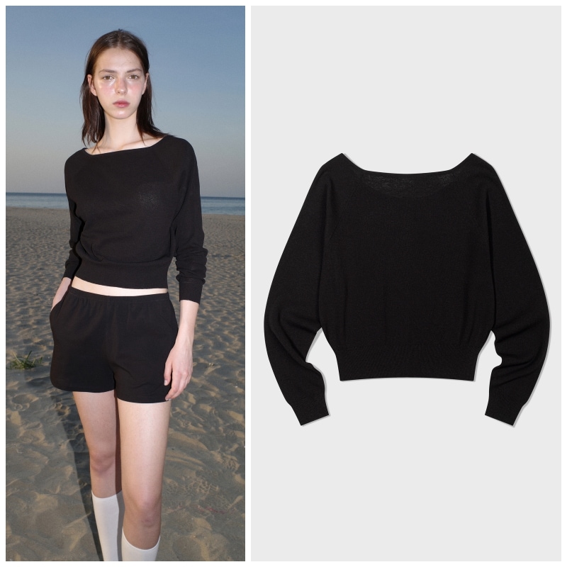 【LOW CLASSIC】 BOAT-NECK SHEER CARDIGAN : BLACK