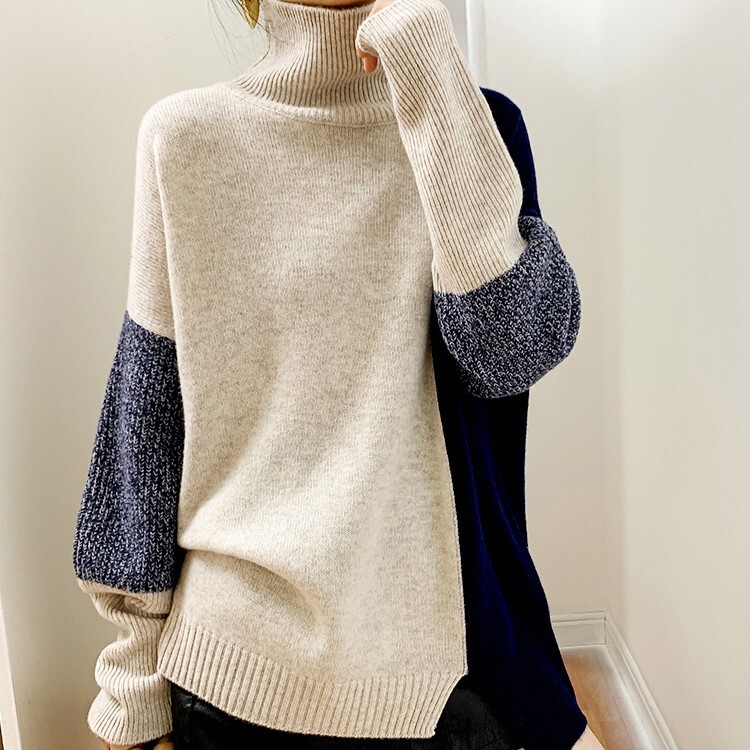 トップス ニットソー セーター 袖あり 長袖 ハイネック タートルネック ストレート アシンメトリー 切り替えデザイン スリット 伸縮性 かわいい 大人可愛い カジュアル 大人 おしゃれ お洒落