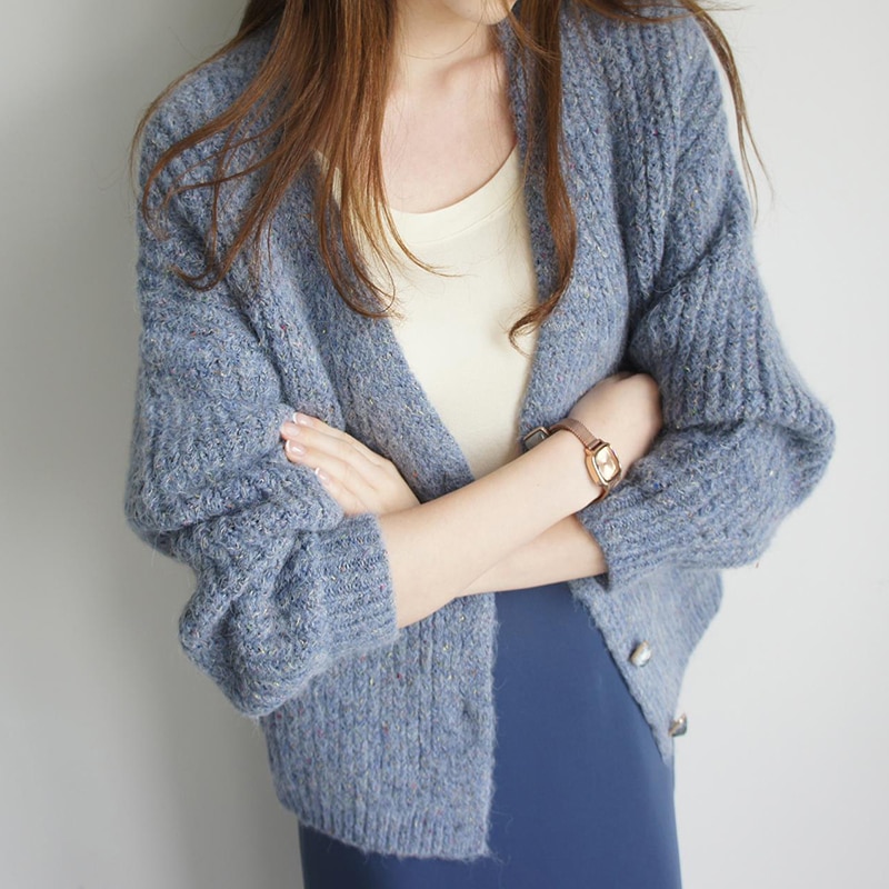 ソフトタッチニットカーディガン トップス ミディアム丈 袖あり 長袖 Vネック 前開き ボタン