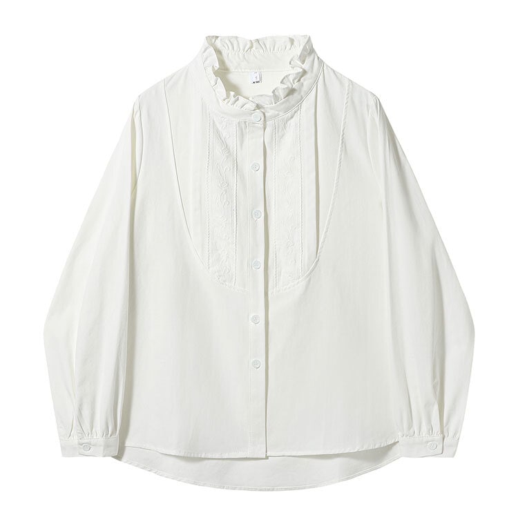 トップス シャツ 長袖 ハイネック フリル 前開き ボタン ミディアム丈 刺繡 可愛い かわいい 大人可愛い きれいめ シンプル 上品 レトロ おしゃれ かっこいい カジュアル こなれ感 個性的