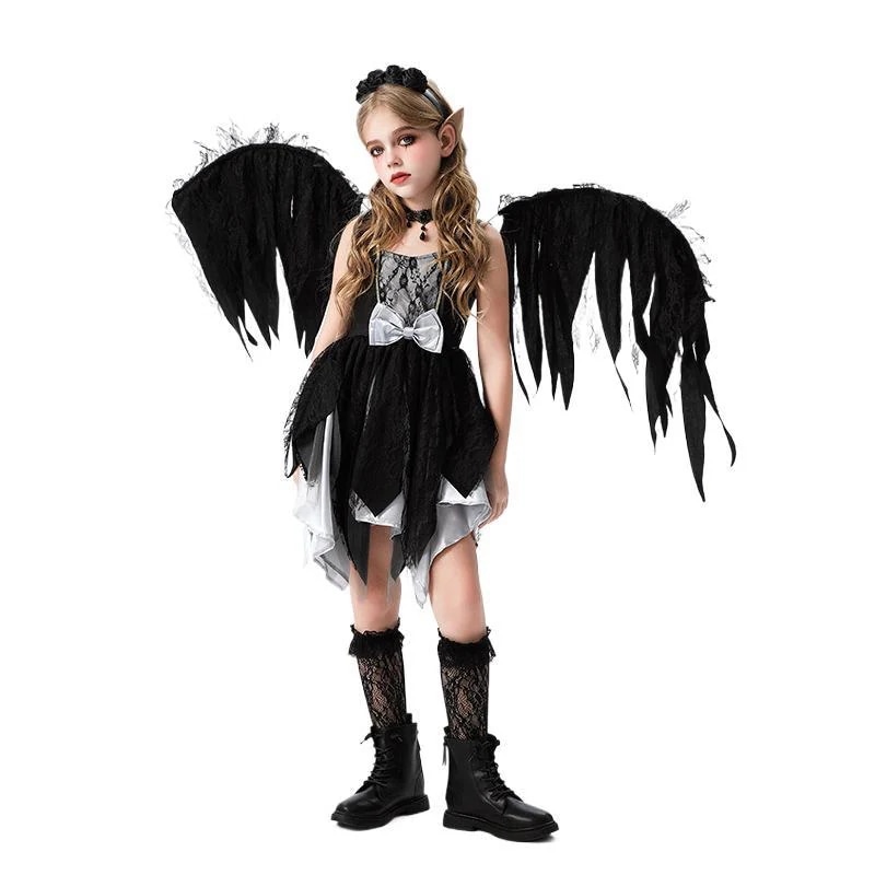 ハロウィンの子供用コスチューム黒の天使の羽のドレス子供用パフォーマンスコスチュームカーニバル面白い動物のパーティードレス