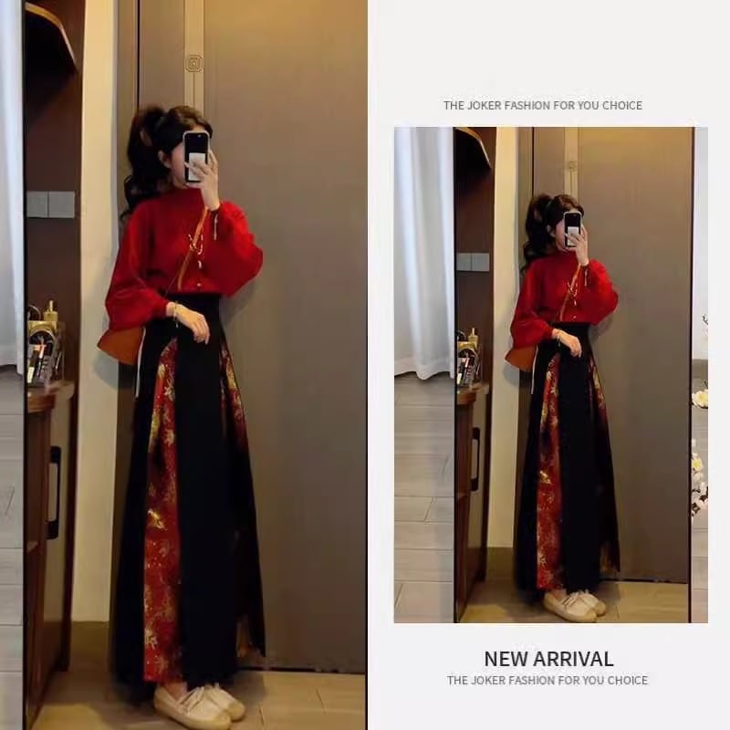 今年の流行はきれいに着こなす女性新赤ニットセーター馬面スカート2枚のスーツが流行です 5,406円