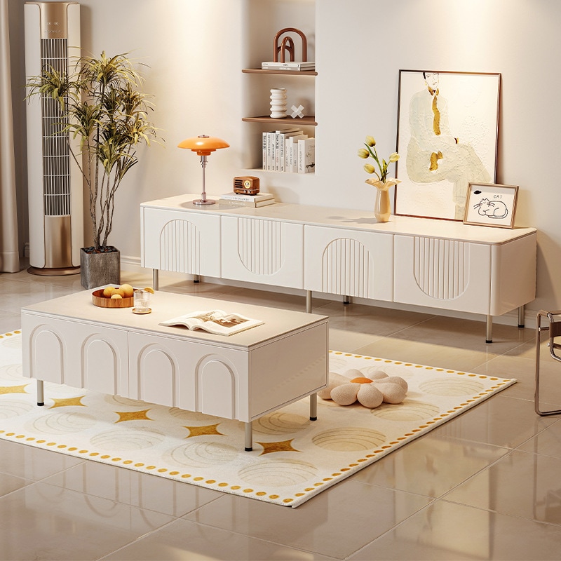 クリーミーなテレビキャビネットモダンシンプルなリビングルーム家庭用小さなベッドルームホワイトロックパネルテレビキャビネットコーヒーテーブルコンビネーション