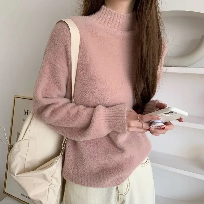 女性用ニットタートルネックセーター,ラディーズ,ハイネックセーター,ピンクセーター,ヴィンテージ,モダン,y2kファッション,韓国服