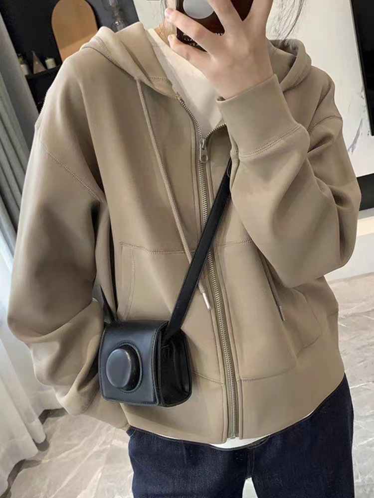 秋のジッパーパーカーショートスウェットシャツレディース多用途痩身ハイウエストポケットカジュアルカーディガンスモールジャケットトップ