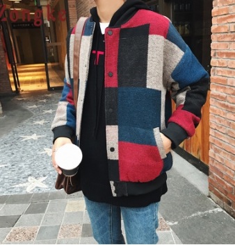 ウールチェック柄ボンバージャケット男性ファッションヒップホップストリート冬のジャケット