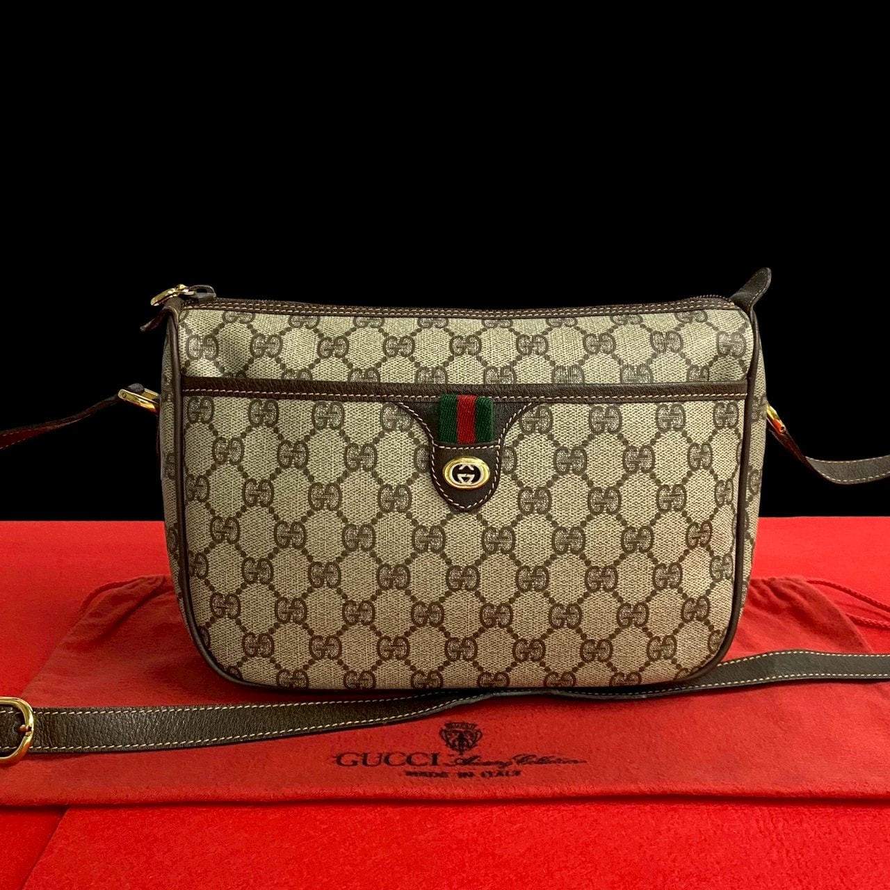 ヴィンテージ シェリーライン GG ロゴ 金具ショルダーバッグ レザー ブラウン 17659