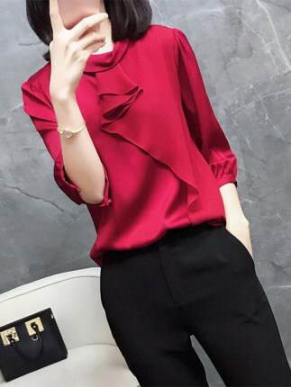 秋 デザイン トップス トップス アウター シャツ プルオーバー 上着 ショート丈 袖あり 七分袖 ラウンドネック タートルネック 襟付き 細身 レギュラー 伸縮性 異素材MIX かわいい 大人可愛い