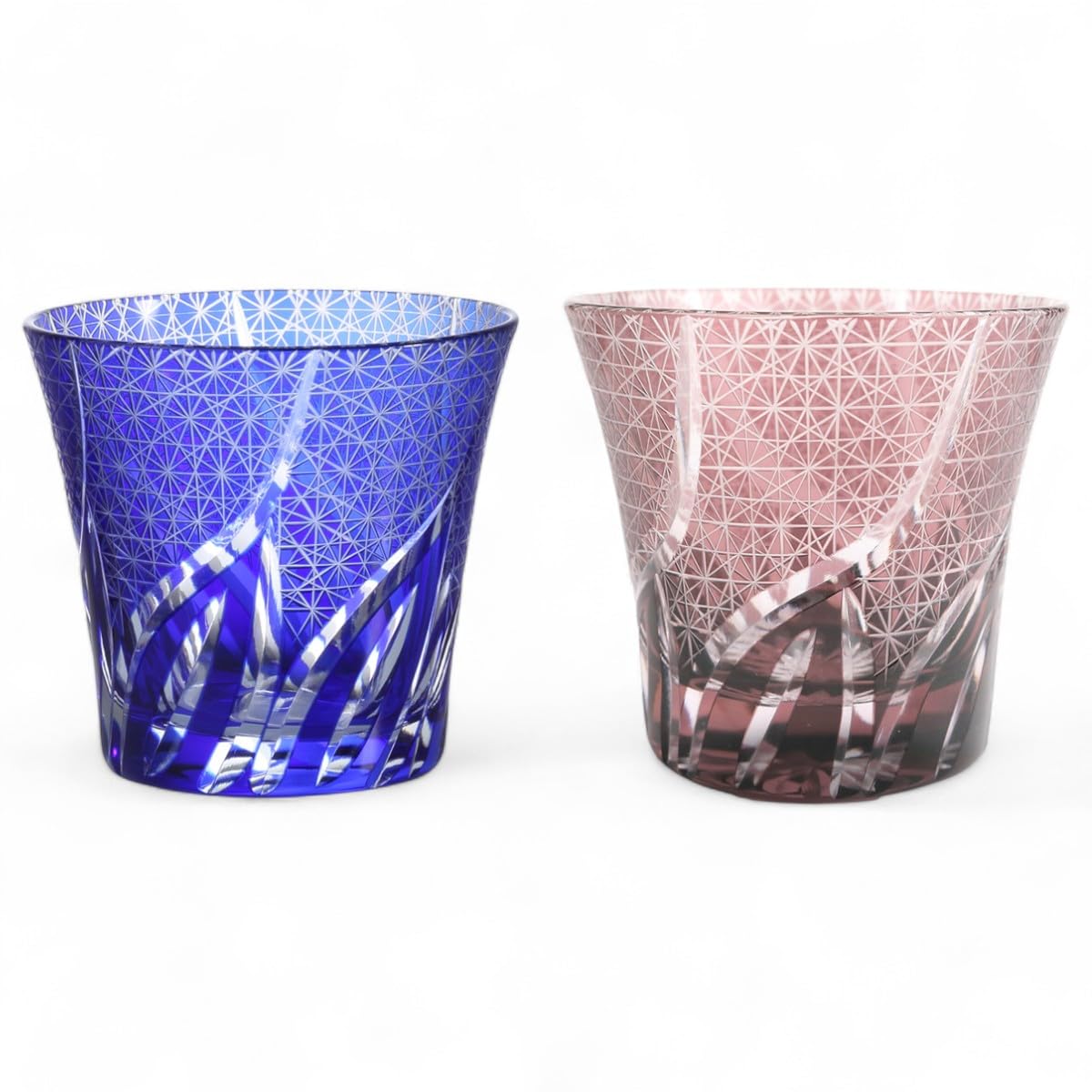 J-kitchens 水影 切子 ペア グラス カップ Φ94xH85mm 240cc 乱彫小紋 ブルー & パープル 底彫あり 美匠 Current Model