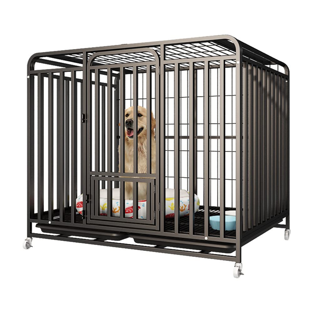 強化高耐久 犬小屋 クレートケージ 強力な金属フレーム ダブルドア ロック可能なホイール 特大犬種 ペットプレイサークル (43インチ)