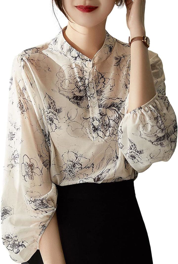 絵画風フラワープリントブラウス ノーカラー パフスリーブ シースルー JS46-IV-2XL( アイボリー, 2XL) 5,129円