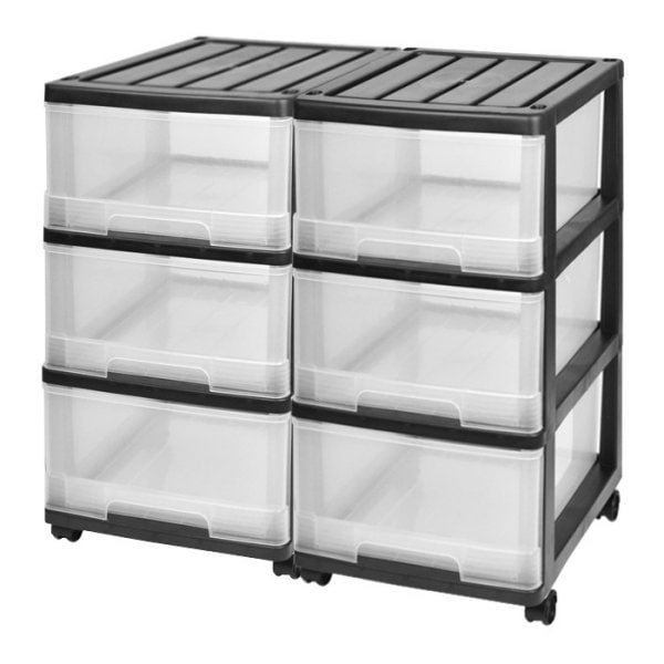収納ケース プラスチック 引き出し 深型３段 ２個組 おしゃれ ブラック／クリア キャスター付き