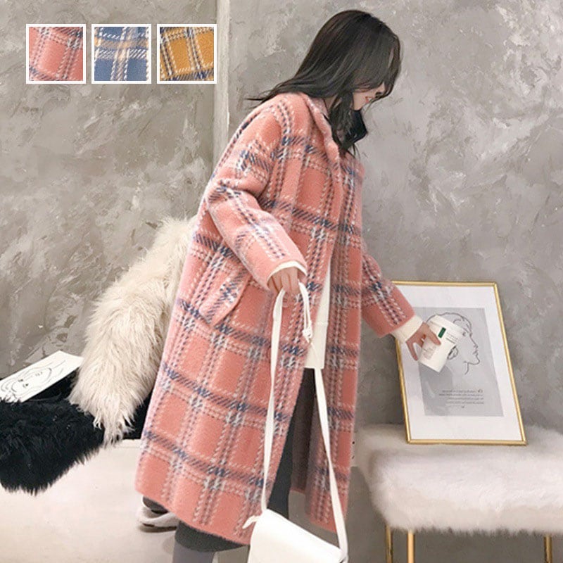 レデイース ニットコート セーター 羽織 秋冬 ロング 長袖 チェック柄 ミンクカシミア ミンクファー 厚手 アウター きれいめ オシャレ ゆったり カジュアル 通勤 フリーサイズ 3色