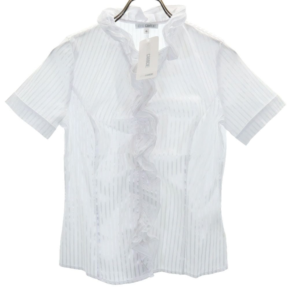 未使用 ストライプ柄 半袖 フリル ブラウス ホワイト×シルバー タグ付き レディース