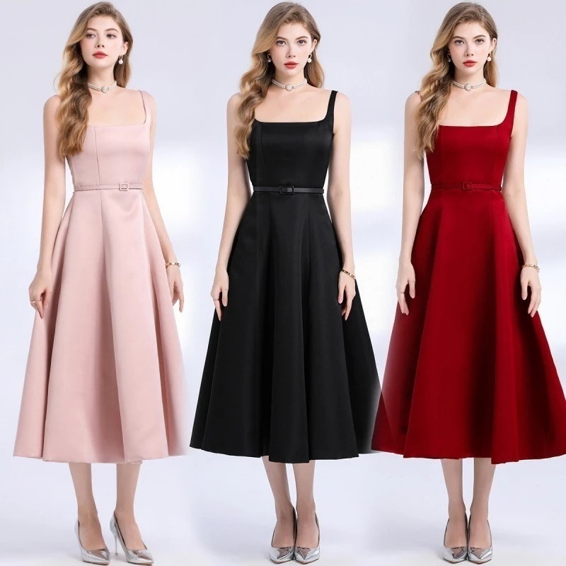 ストラップフラーワンピース（パーティー用・ボリュームスカート） 入学式 卒業式 結婚式 演奏会 パーーティー お呼ばれドレス
