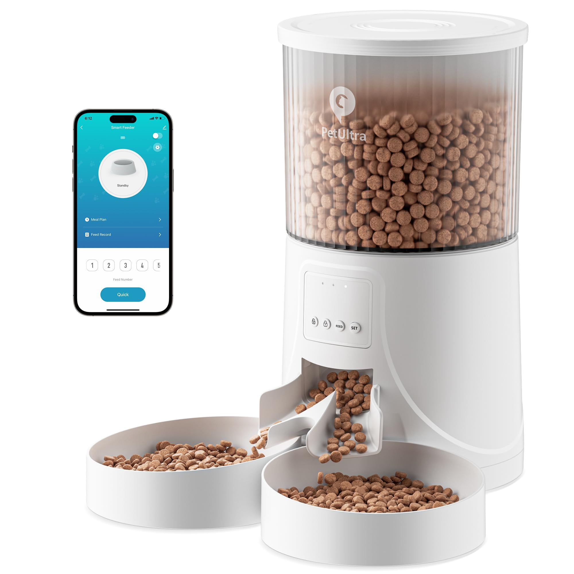 PetUltra 自動給餌器 猫用 WIFI式 二皿 4L容量 2WAY給電 定時定量 盗食防止 半透明タンク お手入れ簡単 PSE認証アダプター