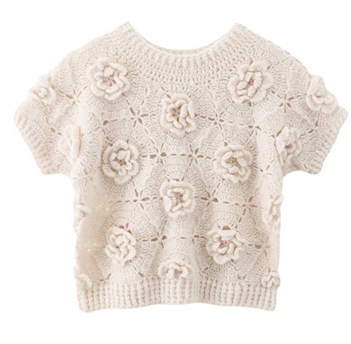 レディース トップス ニット セーター 半袖 ラウンドネック 襟なし かわいい 大人可愛い きれいめ 上品 おしゃれ ガーリー エレガント 存在感 ラブリー キュート ロマンティック フェミニン フラ