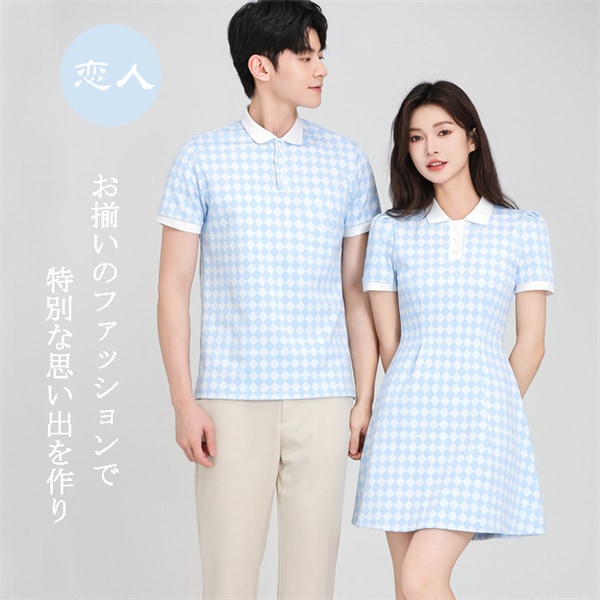 ペアルック チック柄 カップル ワンピース Tシャツ ブルー 夏 半袖 かわいい メンズ レディース かっこいい 韓国風 綿 新婚旅行 Tシャツ ご夫婦 お誕生日 プレゼント 恋人 S/M/L/XL/