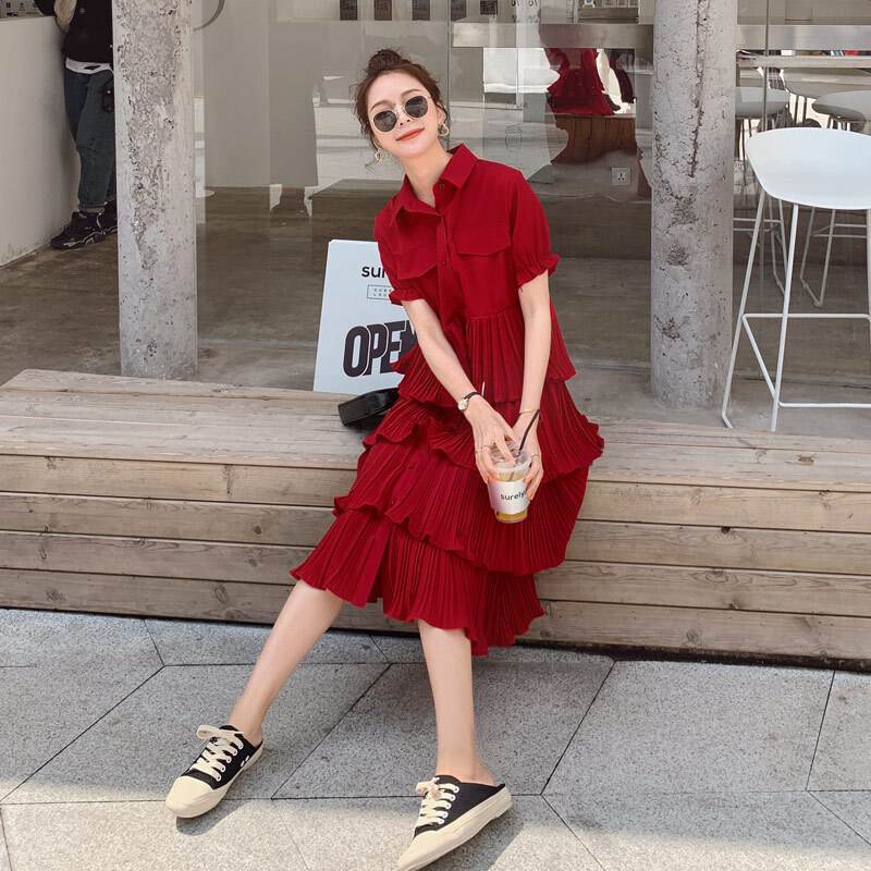 2色 ティアードワンピース シャツ ワンピ レディース ミモレ丈 ミドル丈 襟付き 半袖 五分袖 パフスリーブ 個性的 フリル フレア 春 夏 ワンピ ドレス ギャザー 無地 ハイウエスト おしゃれ
