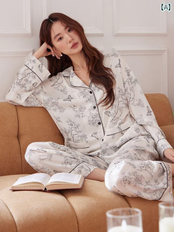 シルク　パジャマ　レディース チャイナ風 冷感 サテン パジャマ レディース 長袖 ズボン 春秋 スタイル 高級 インク プリント ホームウェア スーツ