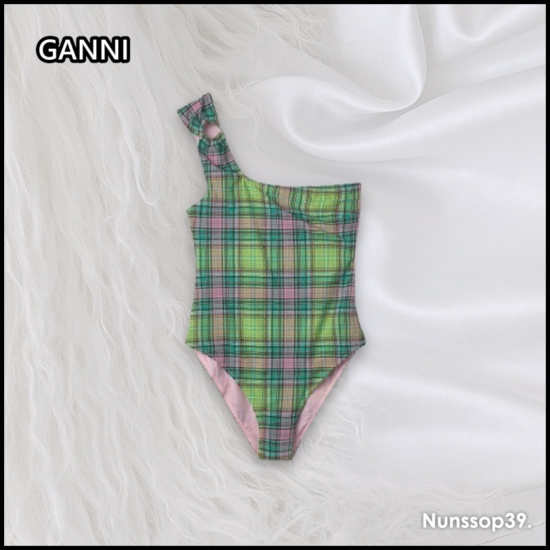 GANNI A4795 759 PLAID CHECK BOTTOM ONE SHOULDER SWIMSUIT