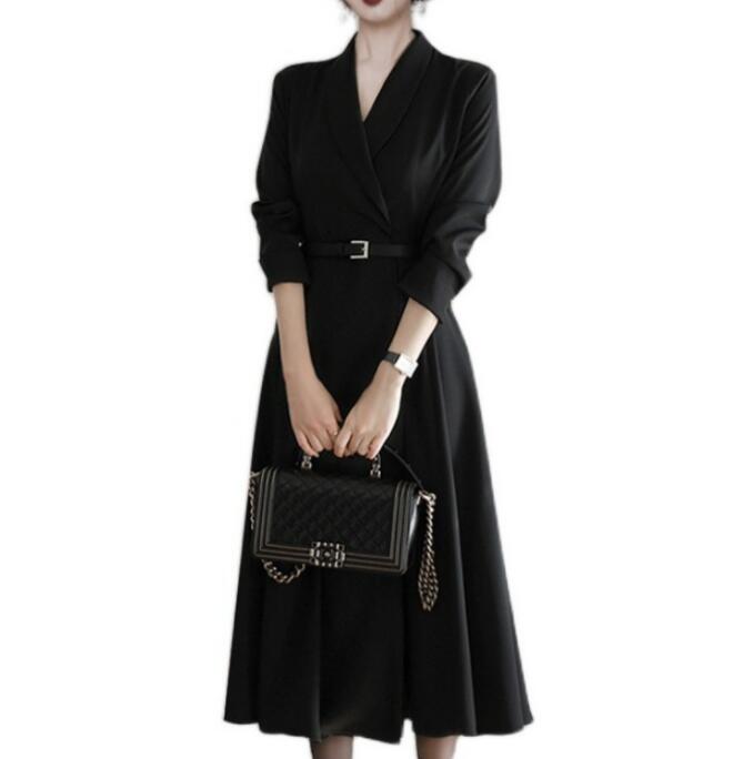 長袖ミドル丈レディースファッションVネックAラインおしゃれ無地ワンピース黒ワンピース