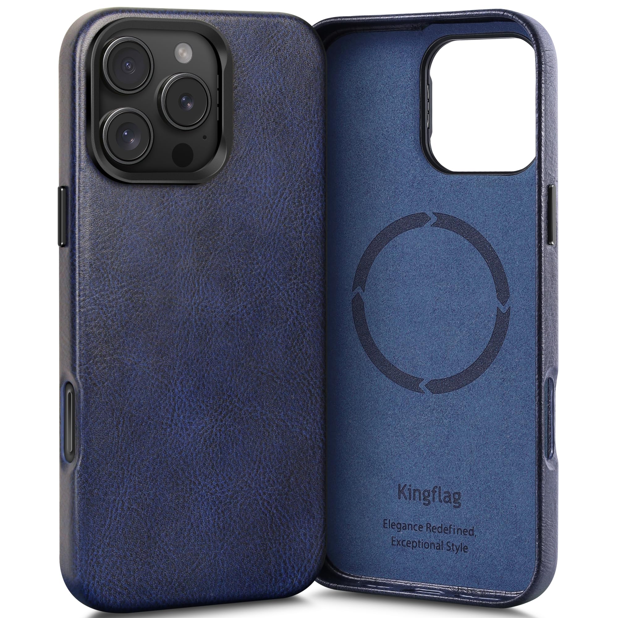 iPhone 16 Pro用 本革レザーケース 調整可能な隠しスタンド MagSafe対応 ヴィンテージ風の質感オイルワックス加工牛革 レンズ保護 メタルボタンとカメラベゼル ネイビーブルー