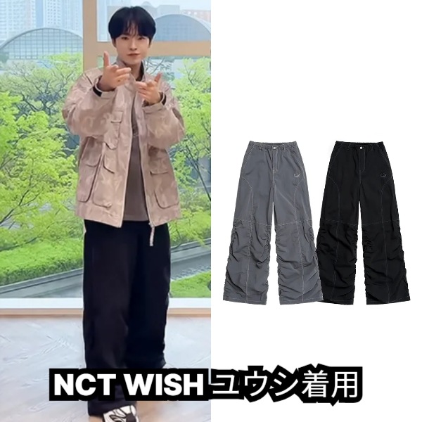 [NCT WISH ユウシ着用]斜め切替 ステッチ シャーリングパンツ 2色 韓国ファッション メンズ レディース ストリート