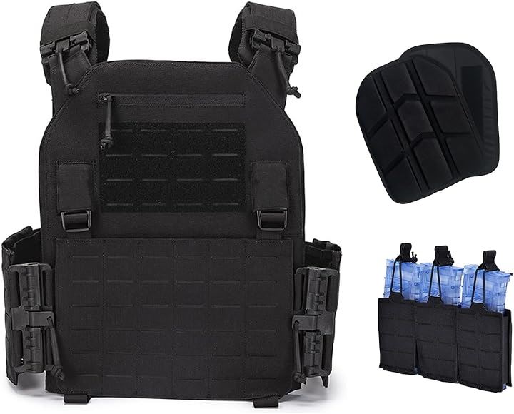 タクティカルベスト サバゲー用 3連 マグポーチ付き 軽量 プレートキャリア レーザー切断 サバイバルベスト MOLLE モール クイックリリース バックル サイズ調整可( ブラック)