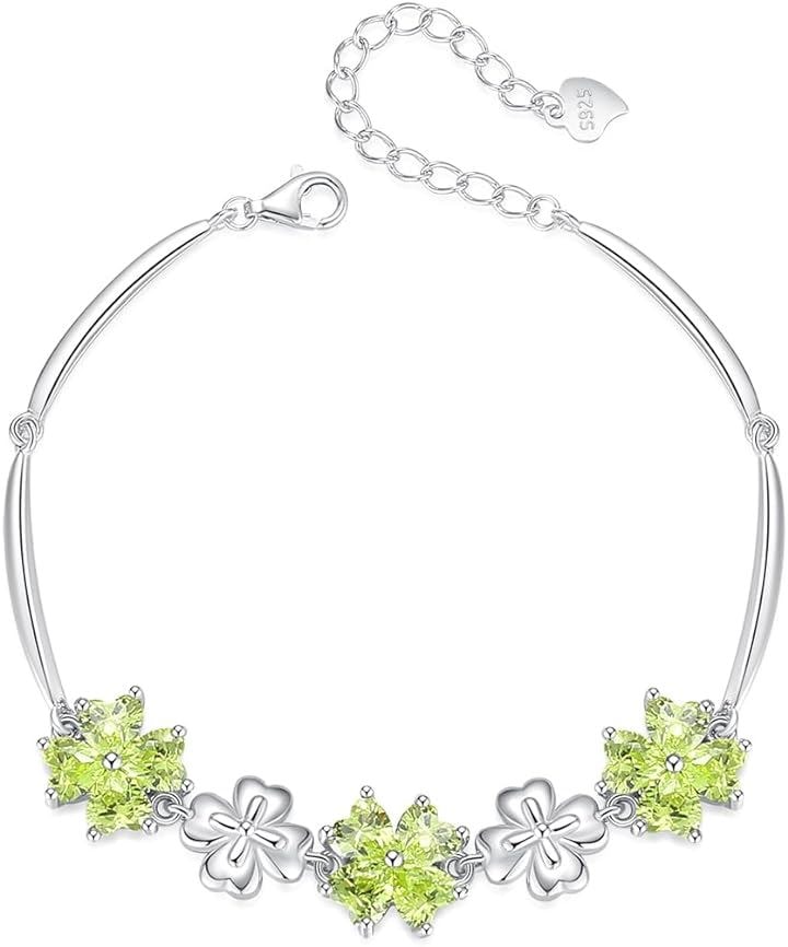 可愛い 人気 ハート女性ブレスレット シルバー925 幸せ 四つ葉 クローバー 8月 誕生石 合成ペリドット 金属アレルギー対応( 8月 誕生石 合成ペリドット)
