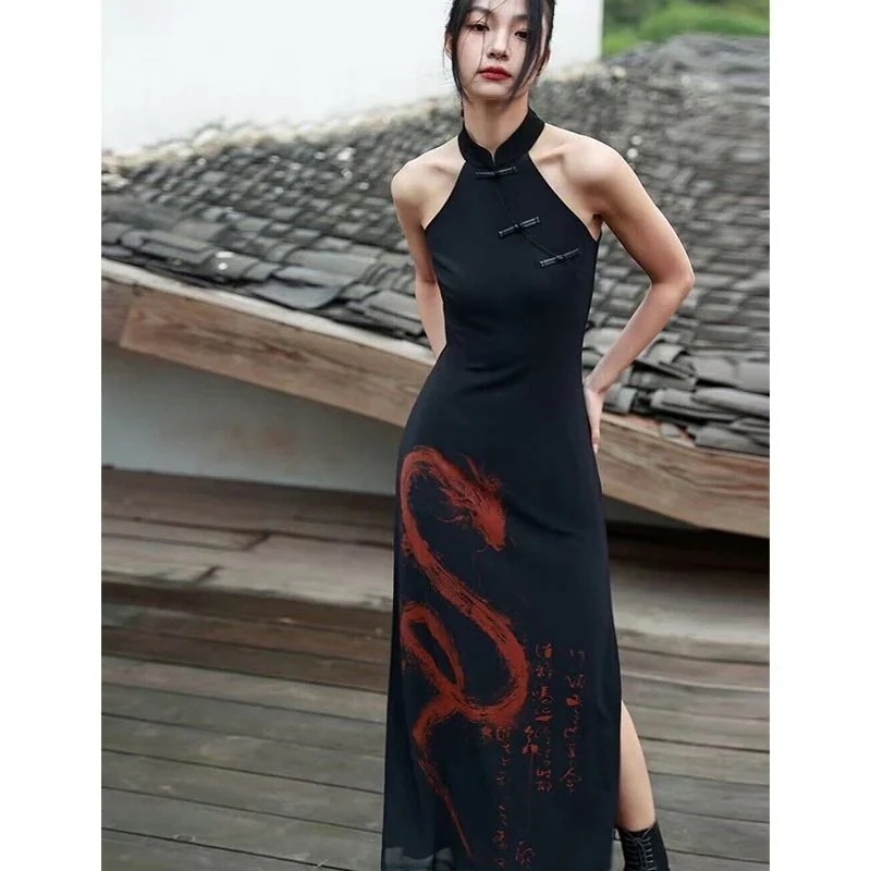 新しい中国の首のドレスの女性の夏の新しい暗いウエストスリット変更チョンサムドレスをぶら下げ成人式 パーティードレス