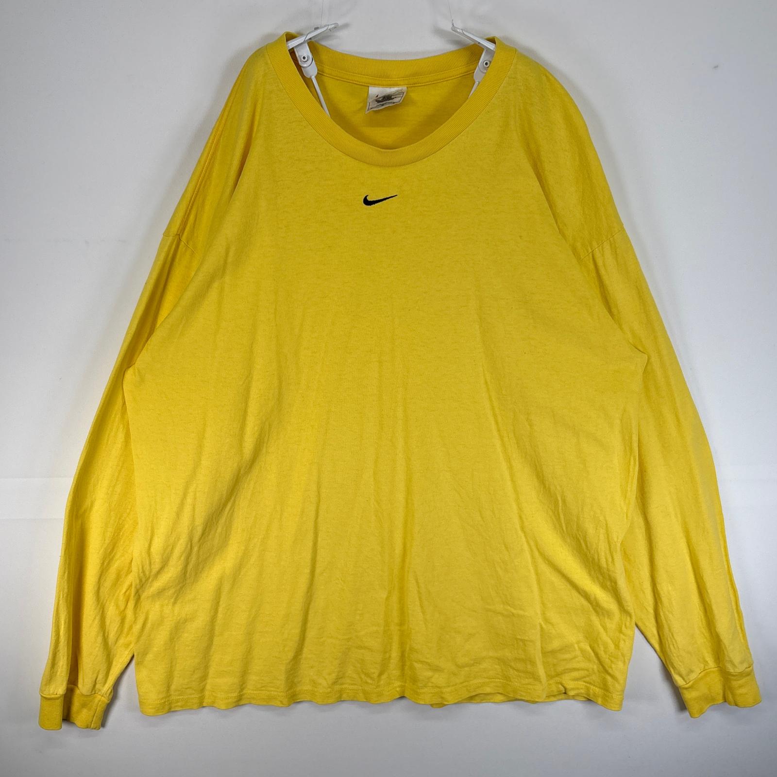 古着 90s/90年代 長袖Tシャツ センター スウッシュ ロゴ 刺繍 大きいサイズ クルーネック 白タグ XL イエロー 無地 メンズ