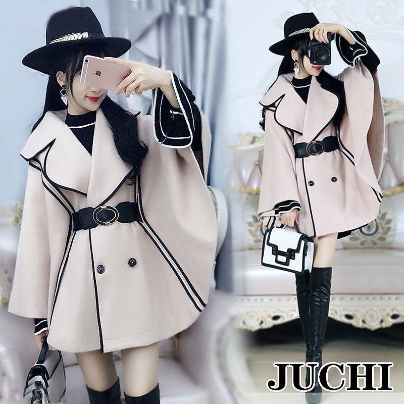 初秋の新ベージュブラックボーダーバットスリーブ レディース 通勤オフィス マントコート　ケープトップ/マントコート/ウール/レディース/超美形コート/秋と冬