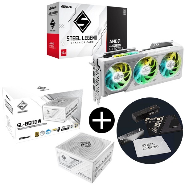 RX9070XT SL 16G ホワイト グラフィックボード + SL-850GW ホワイト Steel Legend 電源ユニット (850W) + オリジナルマウスパッド セット