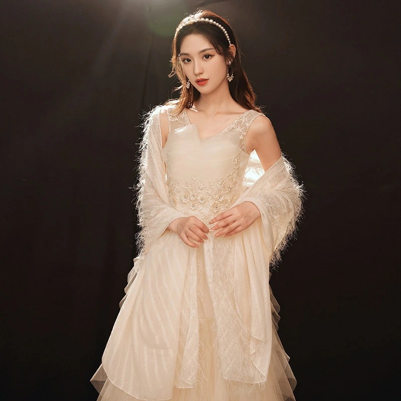 カラードレス 編み上げ パーティードレス フォーマルドレス ロングドレス ショール シャンパン フリル ノースリーブ 結婚式 二次会 発表会 ミモレドレス 袖なし ゲストドレス ウェディングドレス ウ