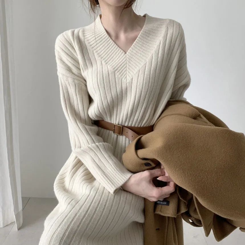 韓国ファッション 春冬 気品 ニットワンピース セミロング Vネック ニット インナー ワンピース ワンピース 百掛け ロング ワンピース
