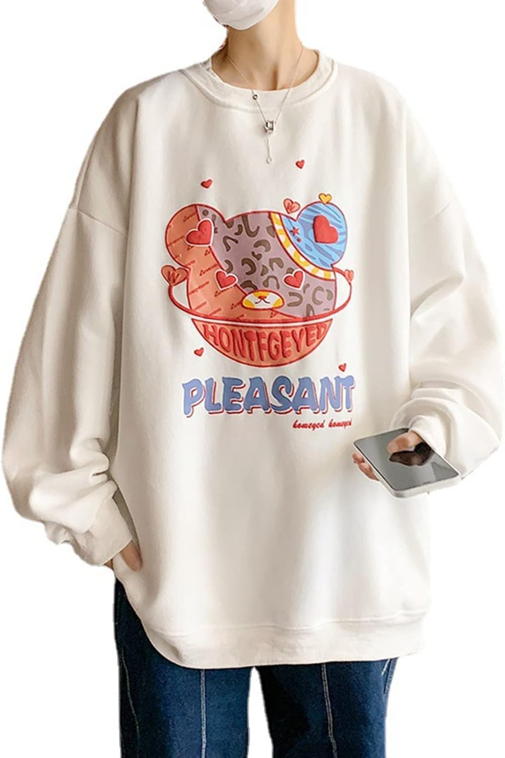 プルオーバー トレーナー 男性用 長袖 パーカー インナー クマ柄 かわいい ソフト オーバーサイズ 伸縮性 クルーネック 保温 吸汗 丈長め カジュアル トップス 体型パカー シンプル 薄手 男女兼