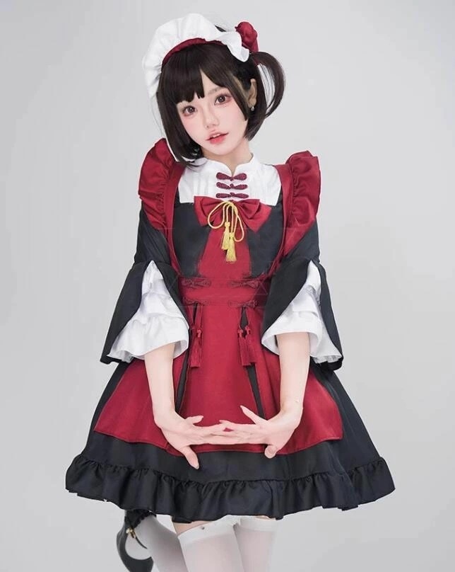 迅速な出荷 中華風 メイド服 女性 大人 七分袖 姫袖 メイドコス チャイナカラー 可愛い ゴスロリ＆ロリータ メイドコスプレ衣装 膝丈 ミドル丈 Ａライン かわいい メイド エプロンドレス 黒にワイ