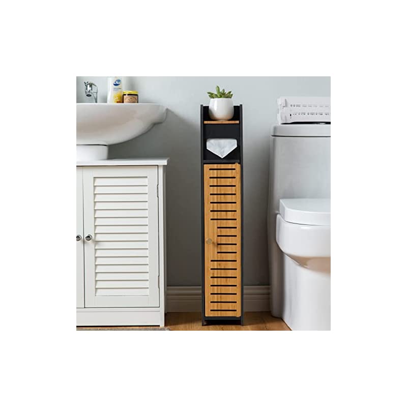 【即納】隙間収納 15cm,トイレットペーパーストッカー,Bamboo 天然竹製 扉,すきま収納 防水 トイレラック トイレ収納ラック トイレットペーパー 小さなトイレに適用 多機能トイレ収納ラック