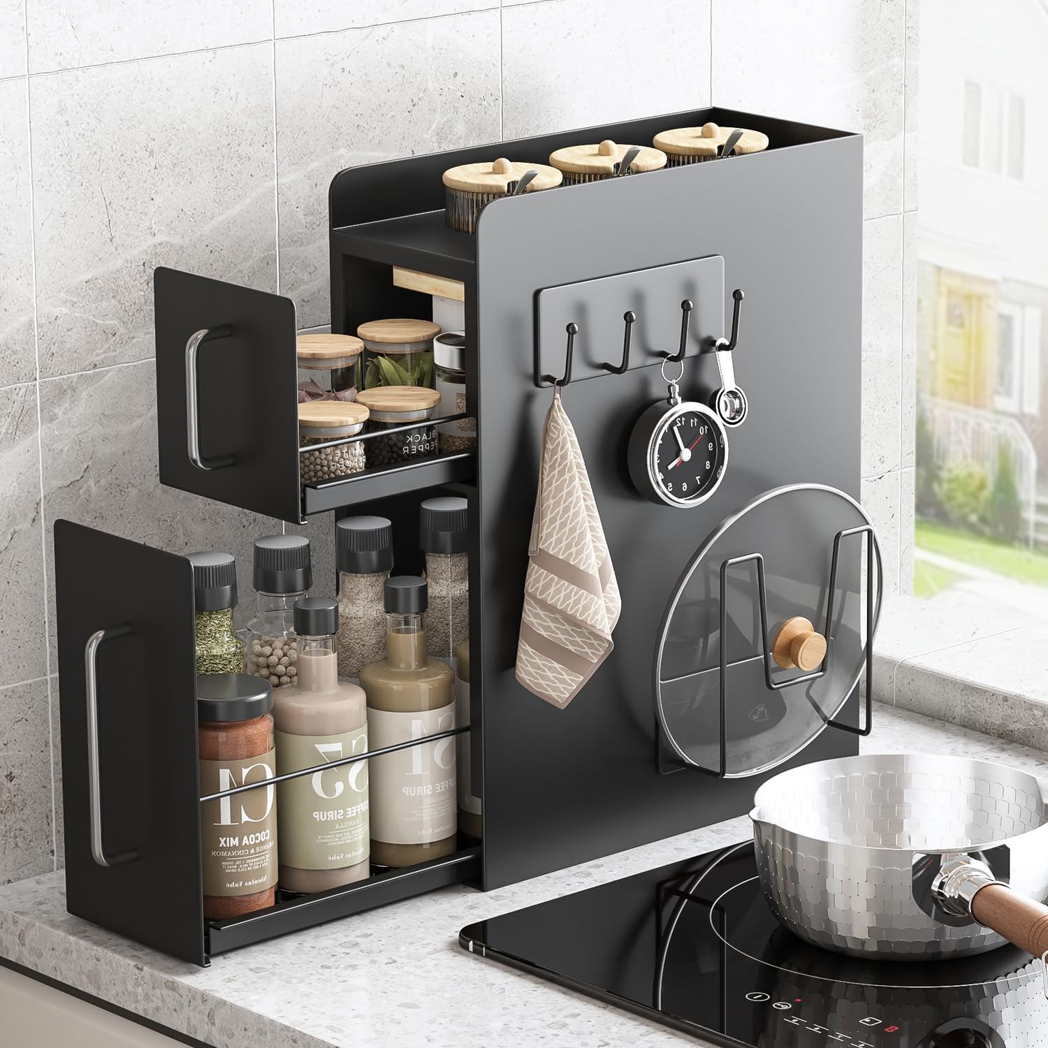 隠せる調味料ラック 2段 調味料ラック台所用 大容量 引き出し式 コンロ横 キッチンラック 調味料 スパイス ボトル 省スペース大型 キッチン収納 (ブラック 幅14.5X 奥行35X 高さ48.5