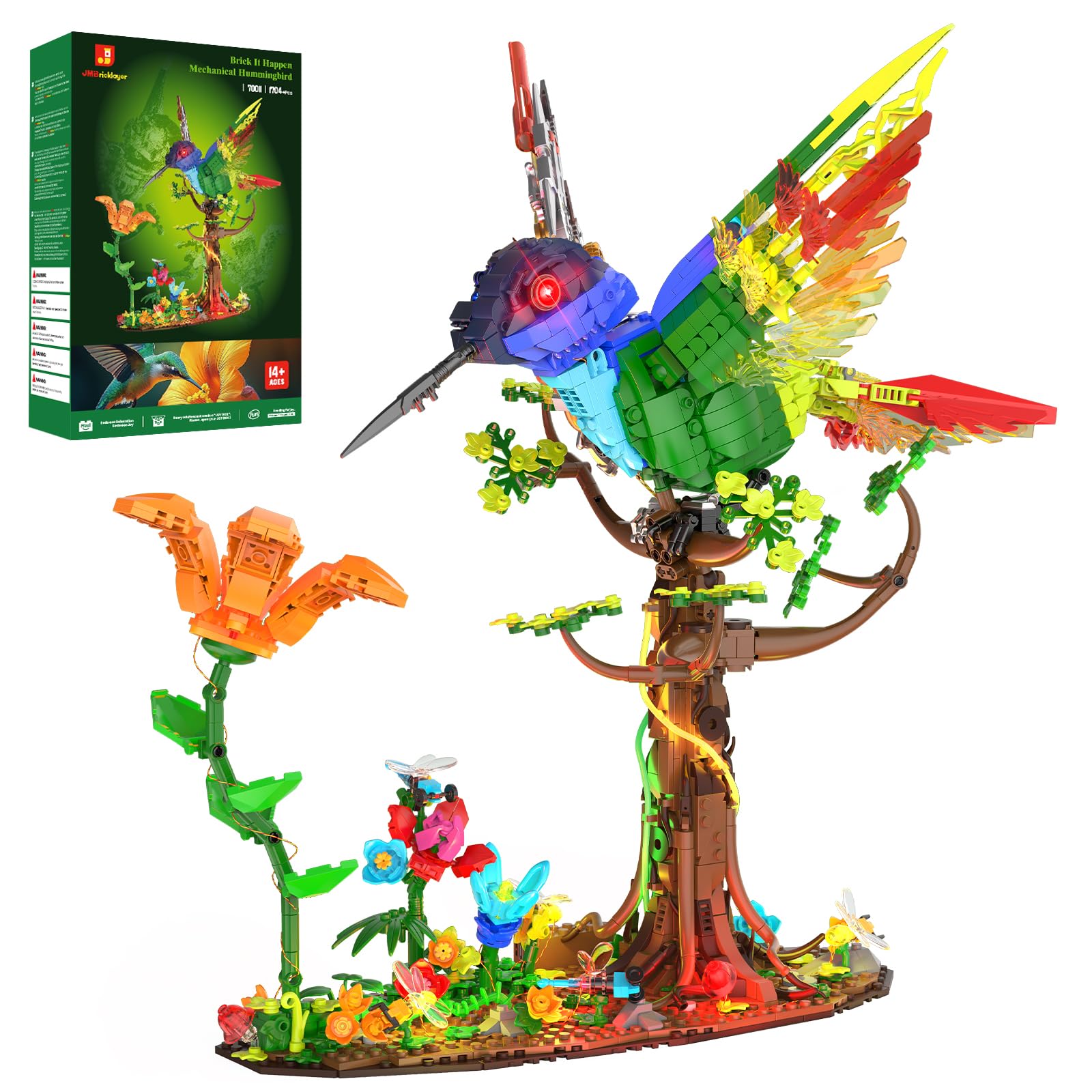 JMBricklayer メカニカルハチドリ 鳥 モデル ブロック セット ライト付き70011動物 花 植物コレクション 大人向け組み立ておもちゃ鳥 動物 模型玩具 ホームデコレーション誕生日