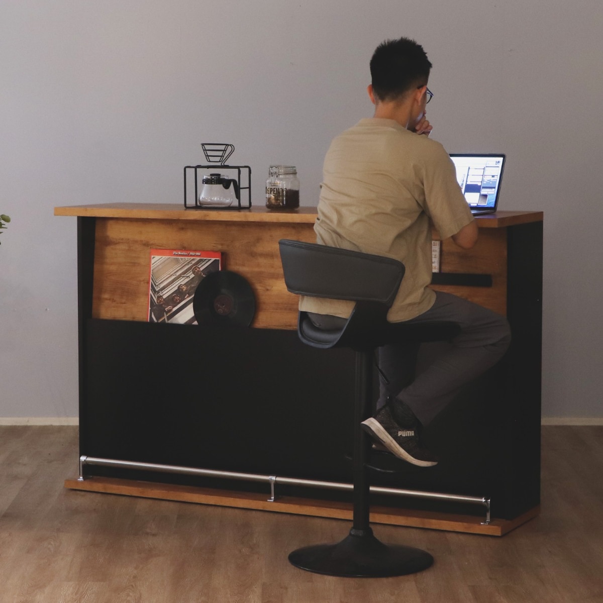 カウンターテーブル 大容量収納 足置き付き 木目調 高さ105cm 幅170cm キッチンカウンター ハイテーブル バーカウンター 収納棚 キッチン収納 食器棚 キッチンラック ダイニング