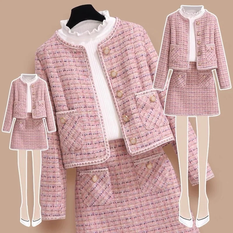 ハイエンドのカスタマイズ-女性のためのピンクの香りのスーツ2025秋の新しいファッションレディライクなツーピーススカート