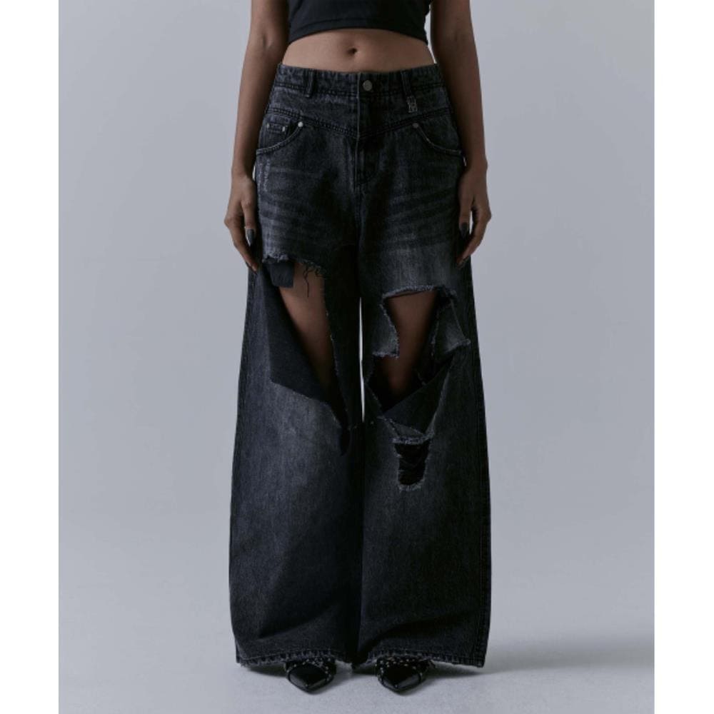 TREEMINGBIRD Flip Cutout Damage Denim Pants Black TM24