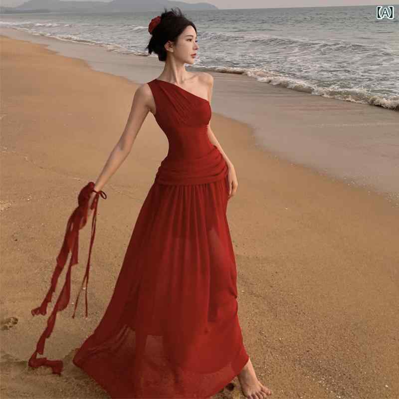 リゾート ワンピース 大人 レディース ビーチ スカート スーパー フェアリー レッド シングル ストラップ ドレス 女性 ウイグル ロング スカート