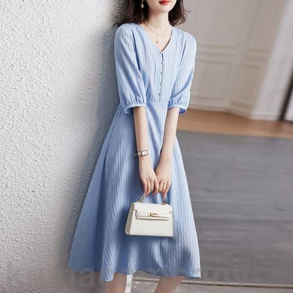 ワンピース ドレス 袖あり エレガント レディース きれいめ カジュアル おしゃれ 五分袖 大人 可愛い フェミニン ミモレ丈 ナチュラル Vネック ゆったり 体型カバー ハイウエスト ブルー 青 グ 5,219円