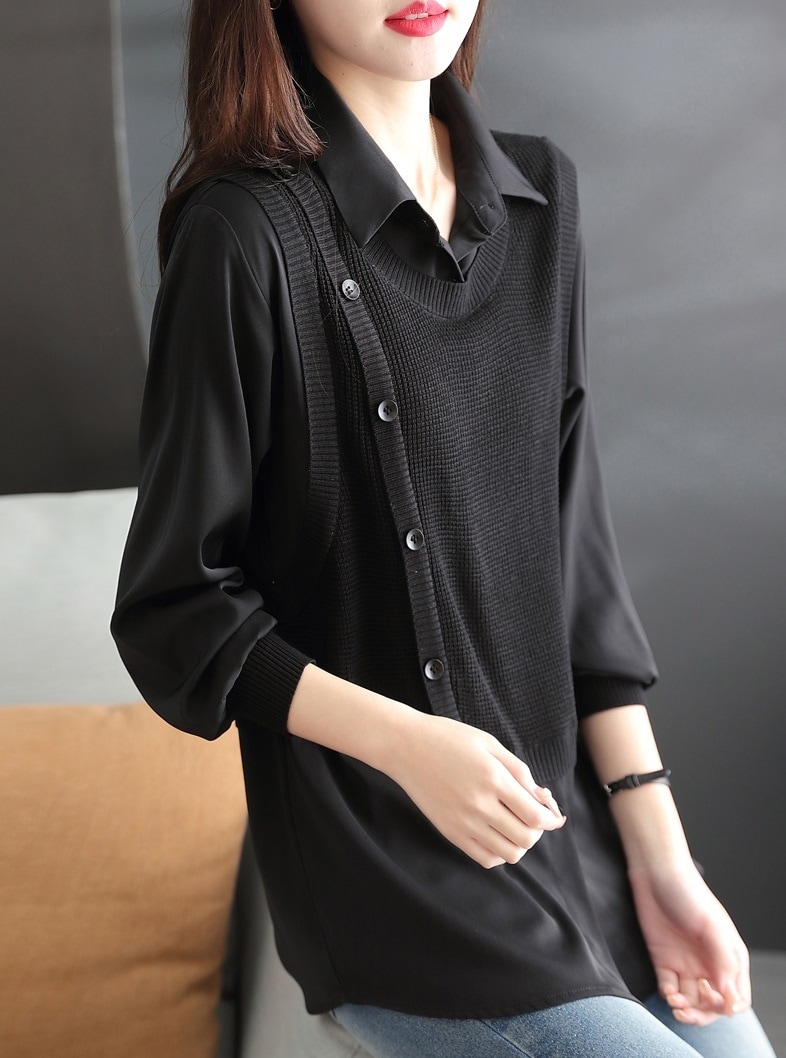 春 長袖 ルーズ フィット ニッチ シャツ シック 黒 トップ レディース シャツ ブラック M L XL XXL トップス 袖あり かわいい 大人可愛い きれいめ シンプル カジュアル 大人 上品