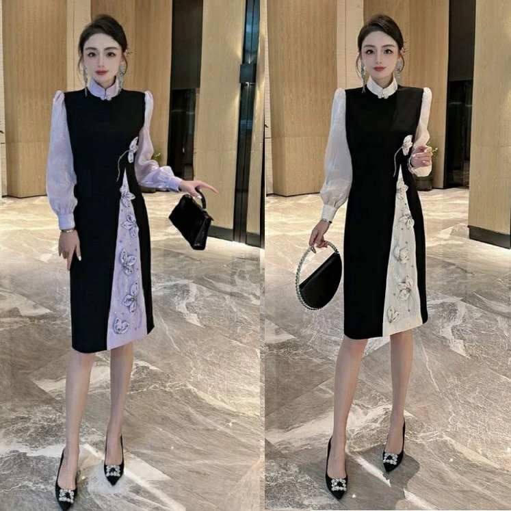 【即納】チャイナドレス チャイナワンピース チャイナ風 ロング セクシー タイト 白 黒 紫 バイカラー 花柄 可愛い 中華 レディース ワンピース パーティードレス ロングワンピース 春 夏 長袖