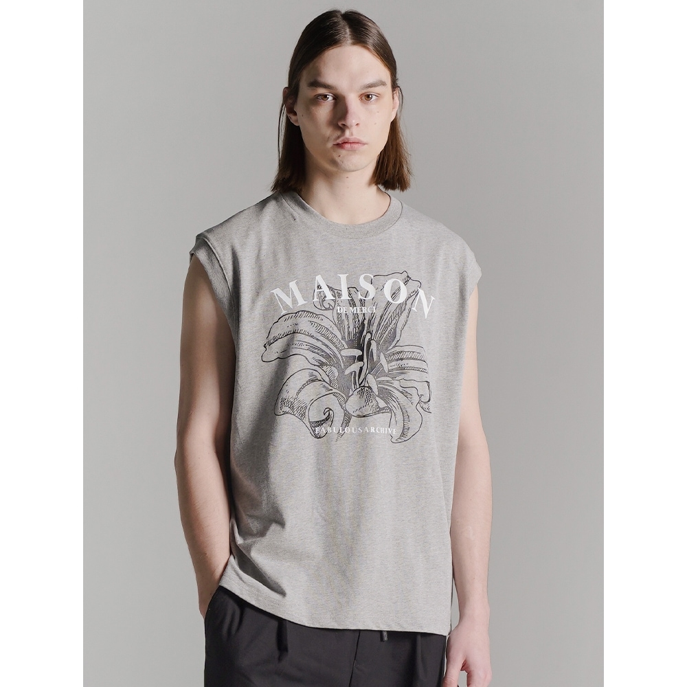 ファビュラスアーカイブユニセックスオーバーフィットシングルメゾンプリントノースリーブトップメランジグレー (FCB2TS300M)